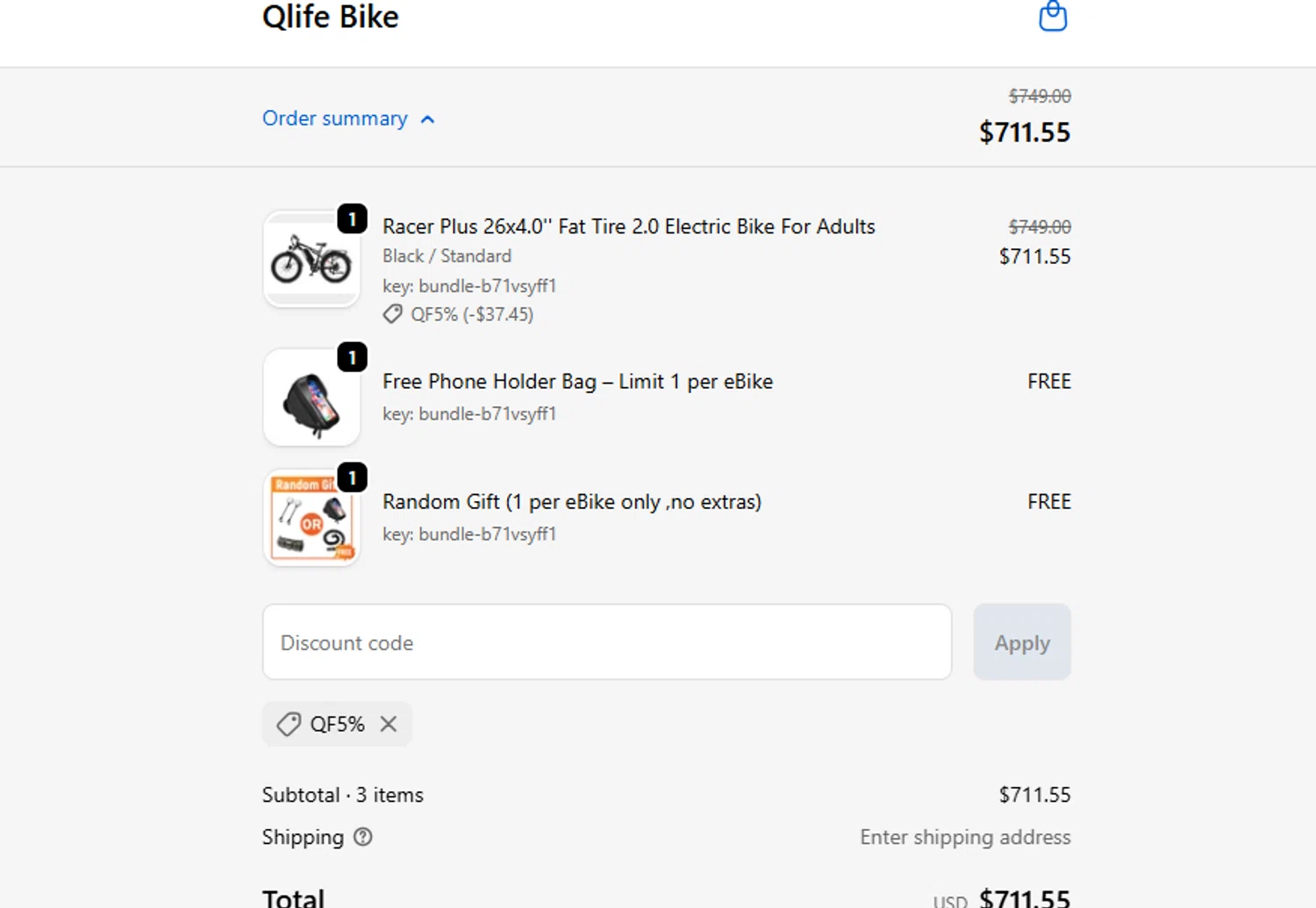 Qlife Bike promo code screenshot showing code QF5% applied at Qlife Bike checkout page. Uploaded by SimplyCodes community member ashe1986 on Nov 13, 2025