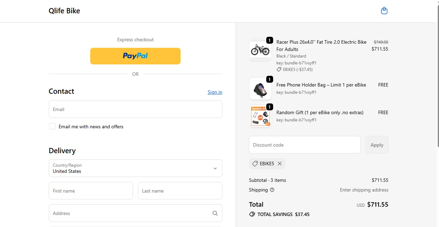 Qlife Bike promo code screenshot showing code EBIKE5 applied at Qlife Bike checkout page. Uploaded by SimplyCodes community member ashe1986 on Nov 13, 2025