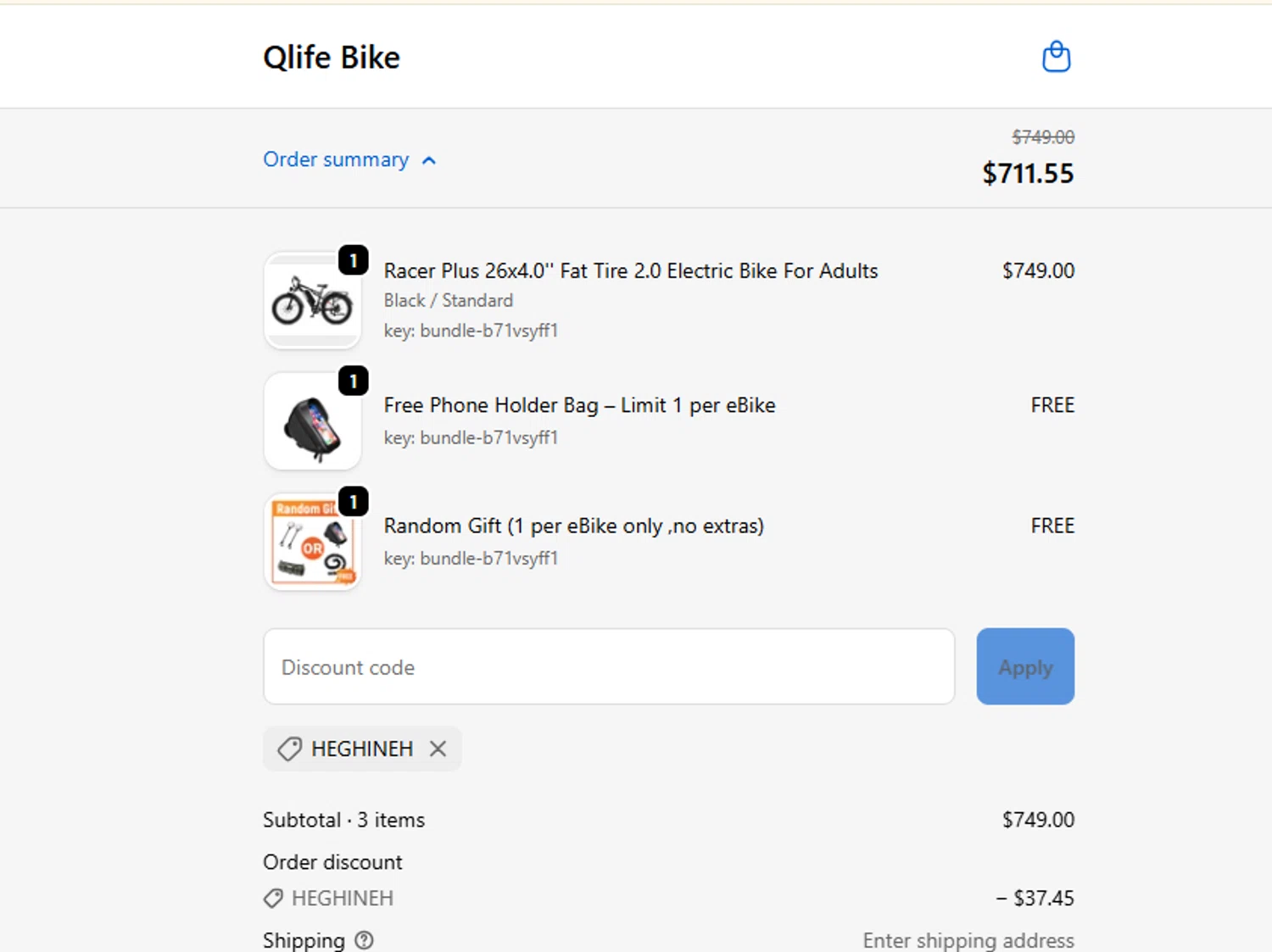 Qlife Bike promo code screenshot showing code Heghineh applied at Qlife Bike checkout page. Uploaded by SimplyCodes community member ashe1986 on Nov 13, 2025