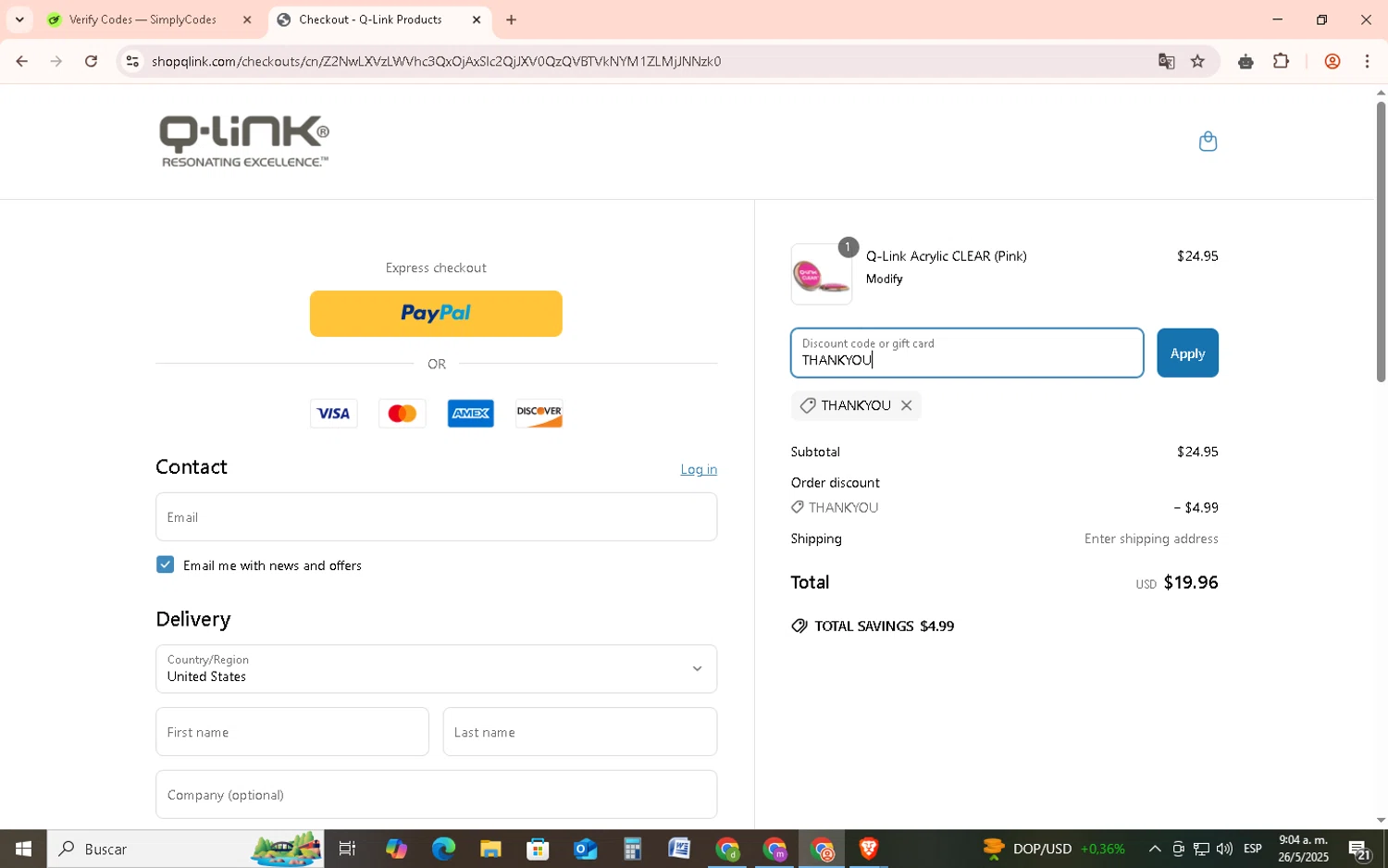 Q-Link Products promo code screenshot showing code THANKYOU applied at Q-Link Products checkout page. Uploaded by SimplyCodes community member EpicSage3474 on May 26, 2025
