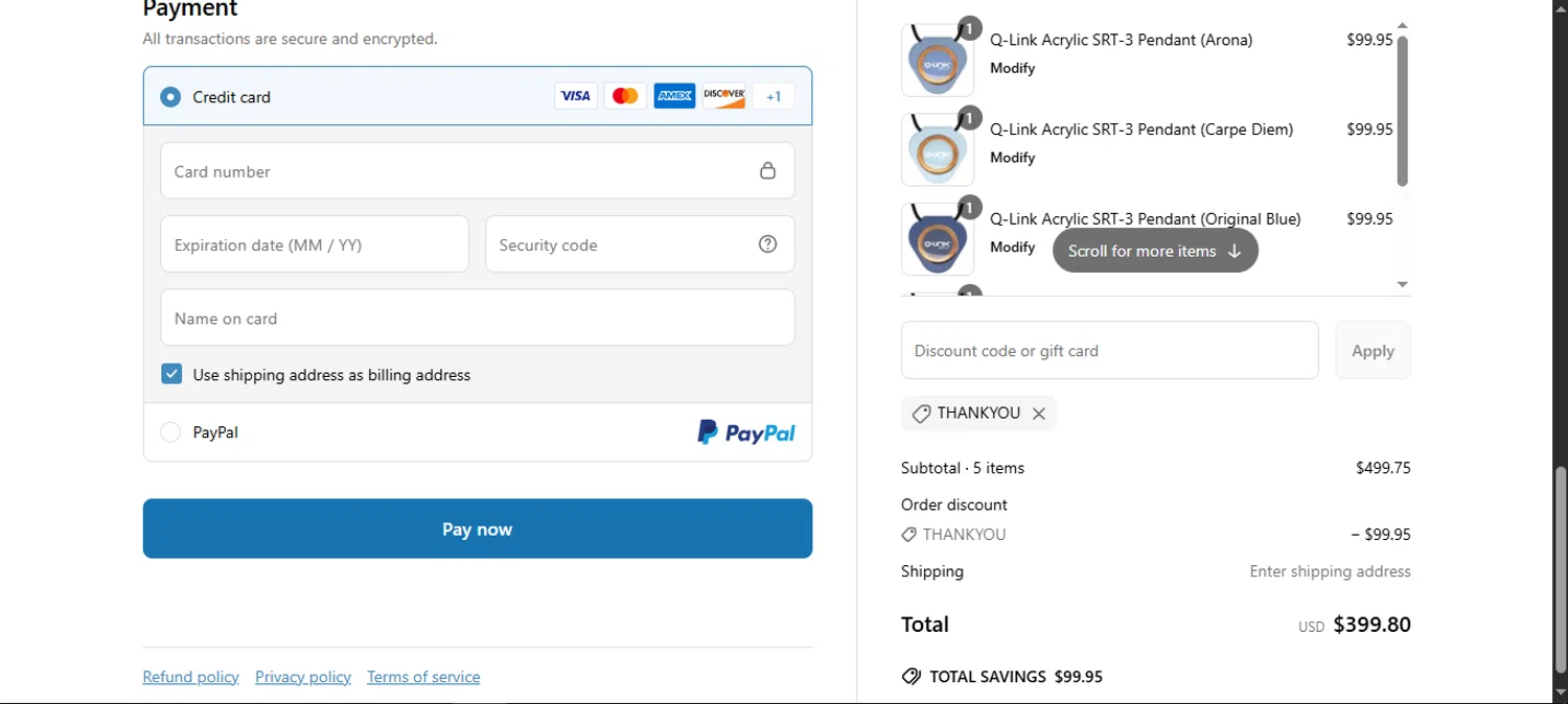 Q-Link Products promo code screenshot showing code THANKYOU applied at Q-Link Products checkout page. Uploaded by SimplyCodes community member noworries on Jun 15, 2025