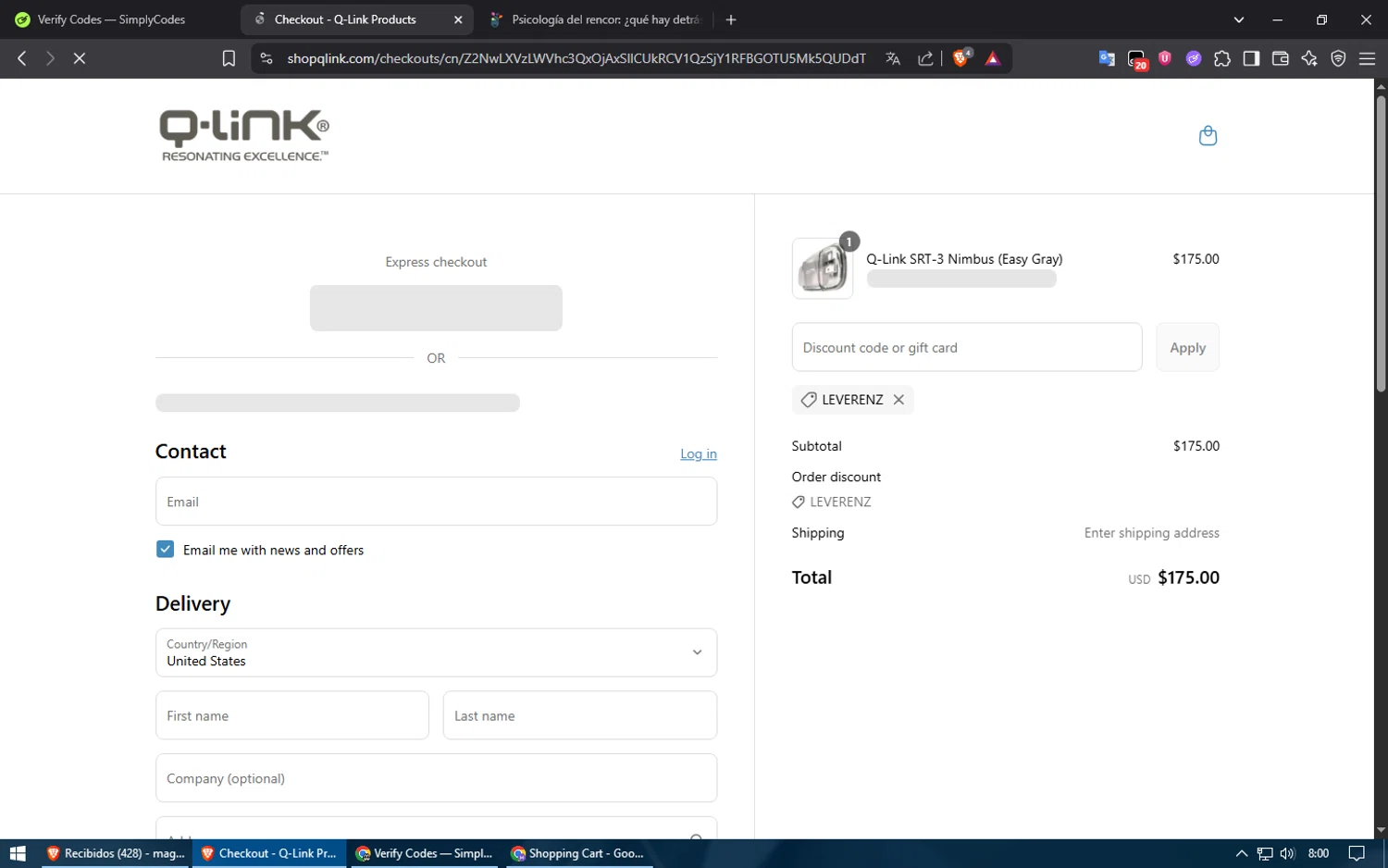 Q-Link Products promo code screenshot showing code LEVERENZ applied at Q-Link Products checkout page. Uploaded by SimplyCodes community member Voucher200 on Jun 22, 2025