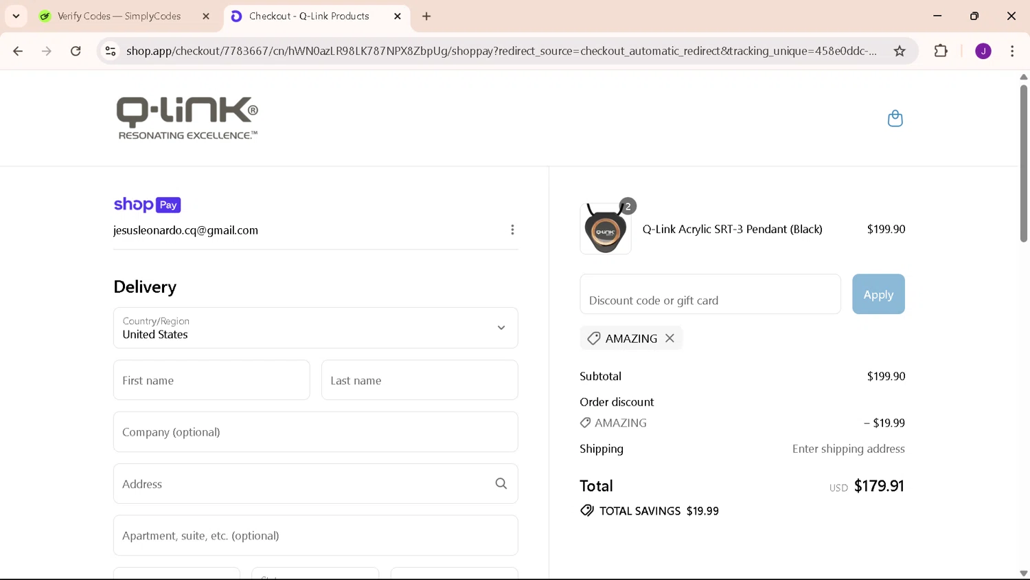 Q-Link Products promo code screenshot showing code AMAZING applied at Q-Link Products checkout page. Uploaded by SimplyCodes community member jordangar on Jul 14, 2025