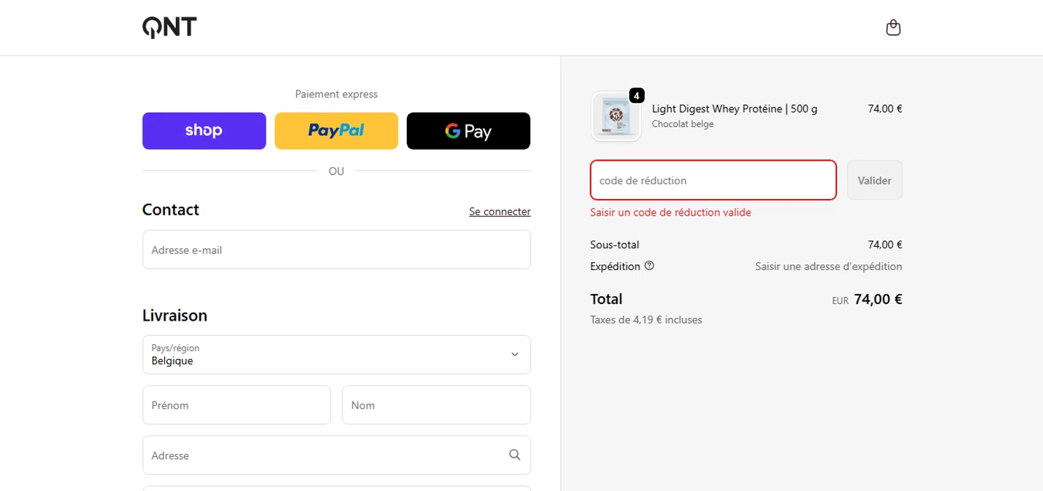 QNT Sport promo code screenshot showing code QNT10 applied at QNT Sport checkout page. Uploaded by SimplyCodes community member CashAce9852 on Dec 12, 2025