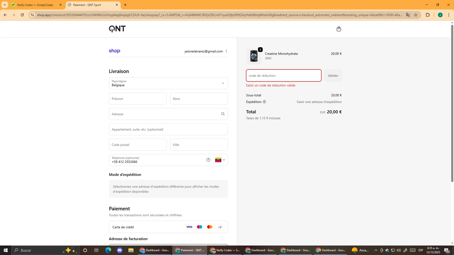 QNT Sport promo code screenshot showing code QNT10 applied at QNT Sport checkout page. Uploaded by SimplyCodes community member DealScout5970 on Dec 12, 2025