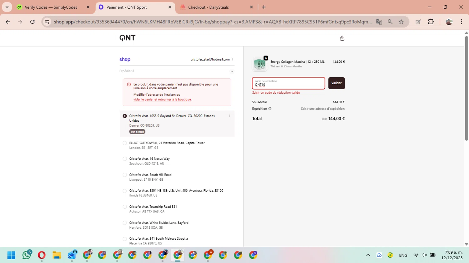 QNT Sport promo code screenshot showing code QNT10 applied at QNT Sport checkout page. Uploaded by SimplyCodes community member MariAPB on Dec 12, 2025