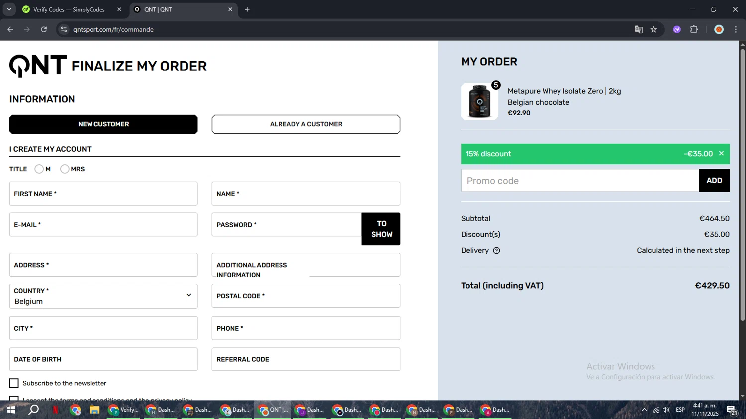 QNT Sport promo code screenshot showing code WIN15! applied at QNT Sport checkout page. Uploaded by SimplyCodes community member BonusCaptain9927 on Nov 11, 2025