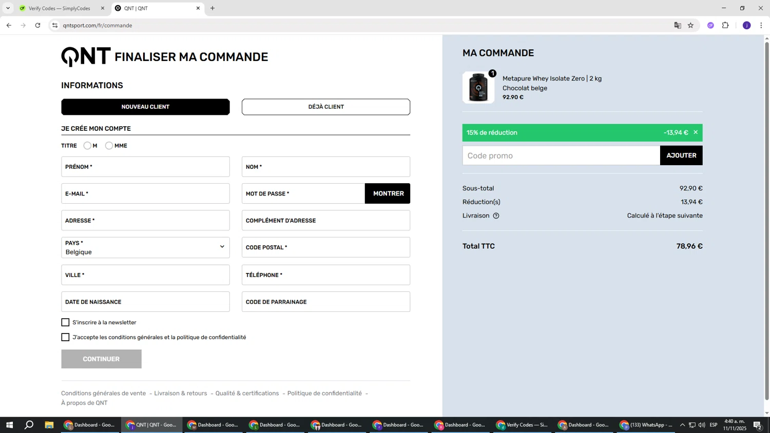 QNT Sport promo code screenshot showing code WIN15! applied at QNT Sport checkout page. Uploaded by SimplyCodes community member simplycodesssss on Nov 11, 2025