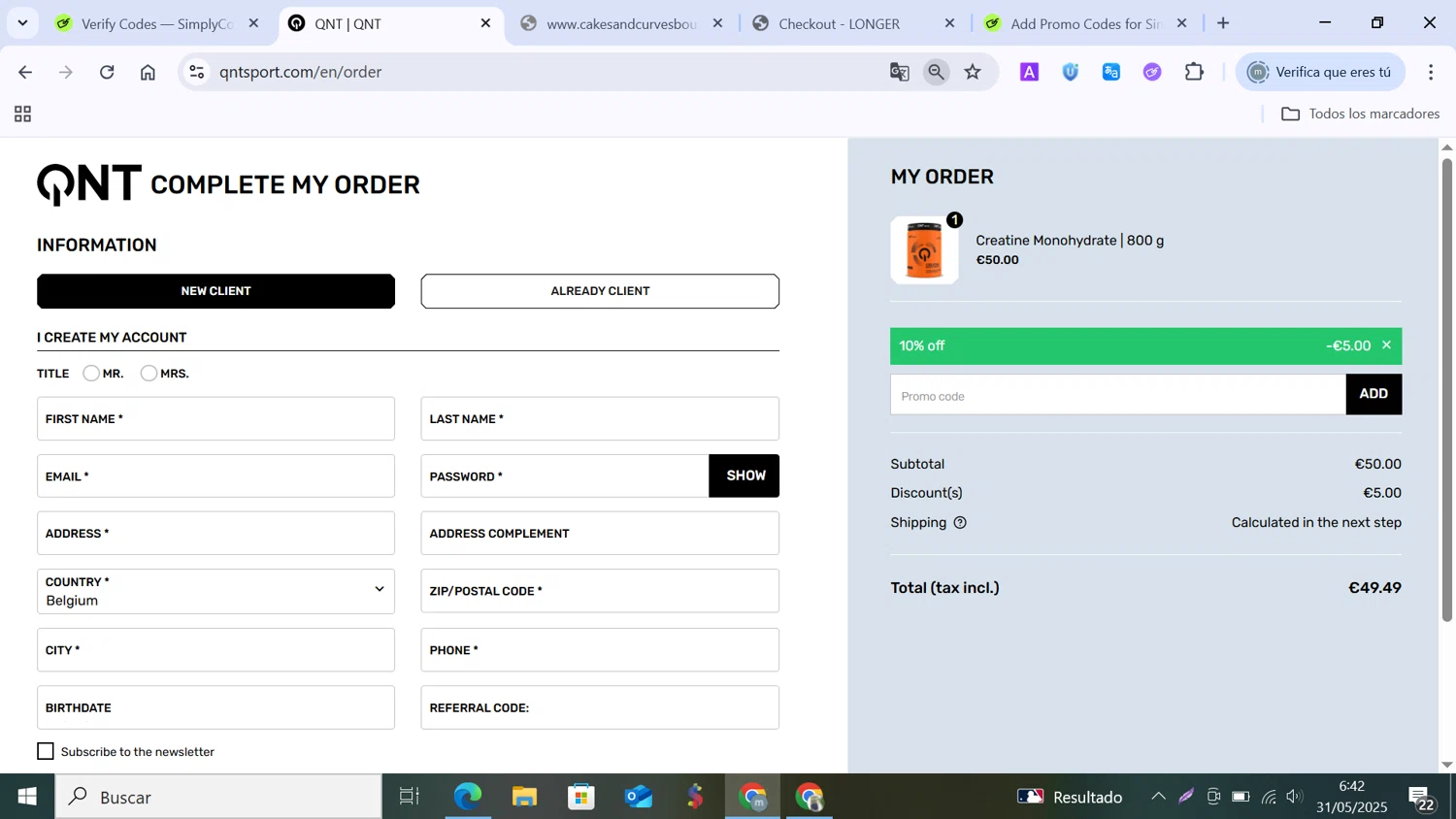 QNT Sport promo code screenshot showing code WIN10 applied at QNT Sport checkout page. Uploaded by SimplyCodes community member MANUELURBINA on May 31, 2025