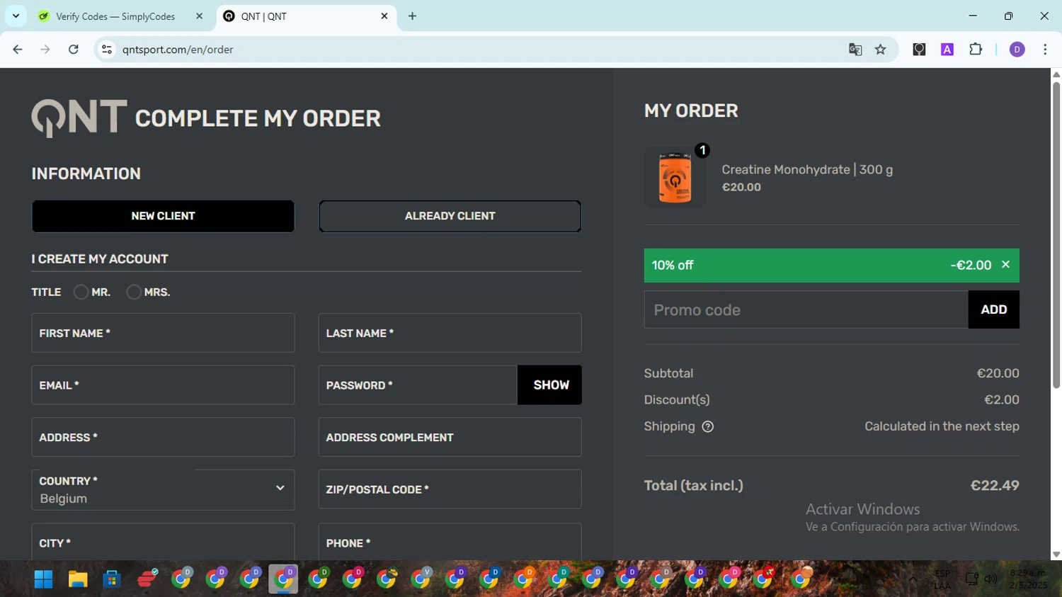 QNT Sport promo code screenshot showing code WIN10 applied at QNT Sport checkout page. Uploaded by SimplyCodes community member SavingsGuardian5156 on May 2, 2025