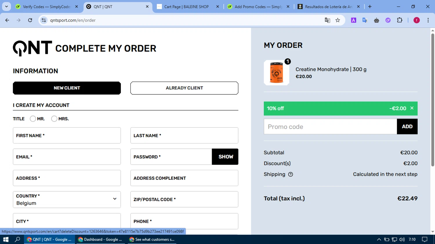 QNT Sport promo code screenshot showing code WIN10 applied at QNT Sport checkout page. Uploaded by SimplyCodes community member fausguillermo on May 2, 2025