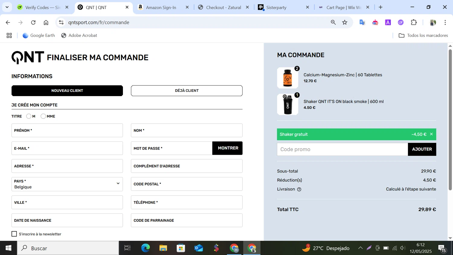 QNT Sport promo code screenshot showing code WINSHAKER applied at QNT Sport checkout page. Uploaded by SimplyCodes community member NobleMonarch5837 on May 12, 2025