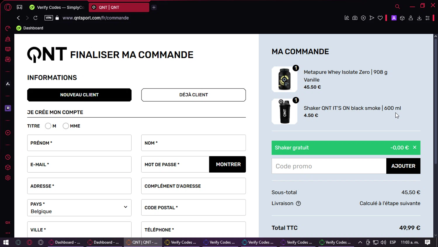 QNT Sport promo code screenshot showing code WINSHAKER applied at QNT Sport checkout page. Uploaded by SimplyCodes community member vip_100 on Apr 13, 2025