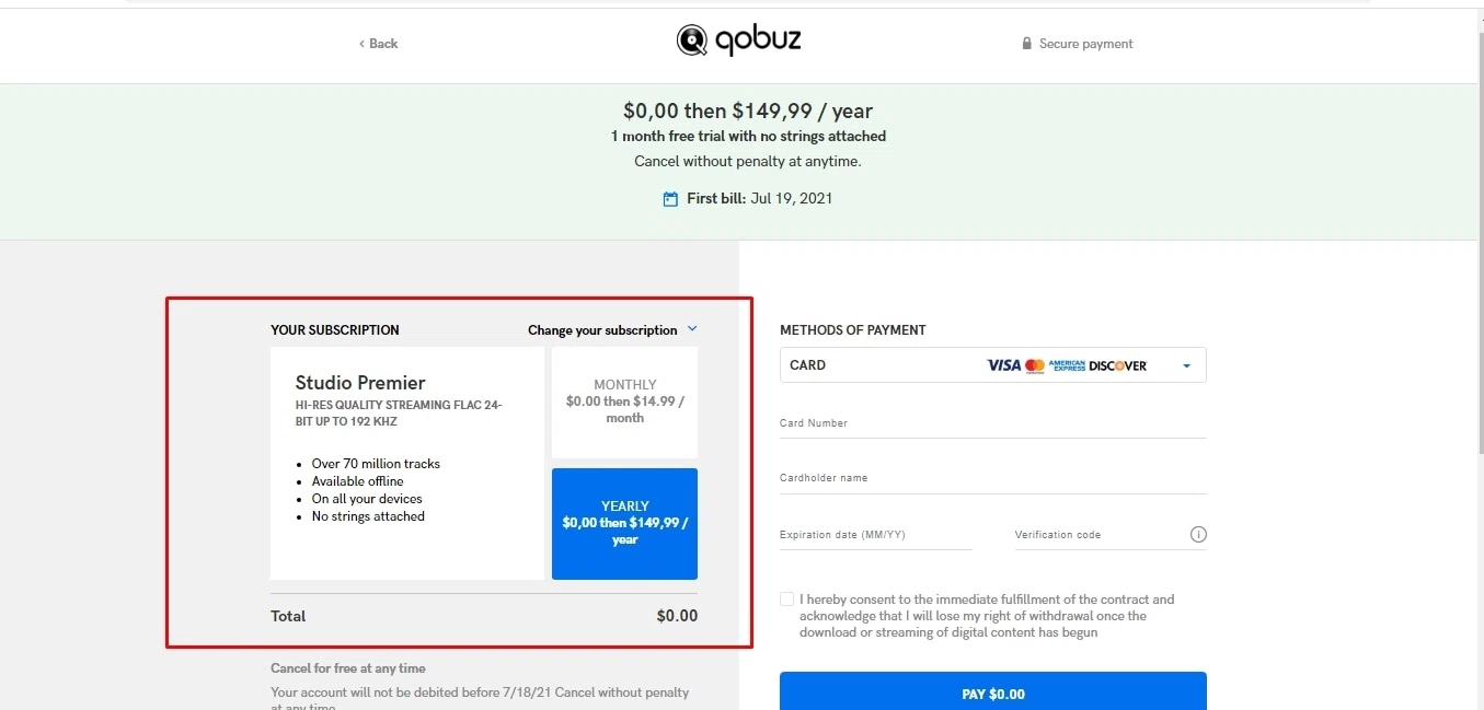 Qobuz checkout page showing Qobuz promo code box | Screenshot taken by SimplyCodes community member on Oct 30, 2021