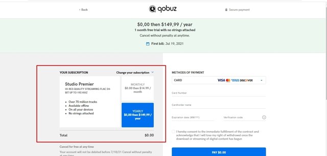Qobuz checkout page showing Qobuz promo code box | Screenshot taken by SimplyCodes community member on Oct 30, 2021