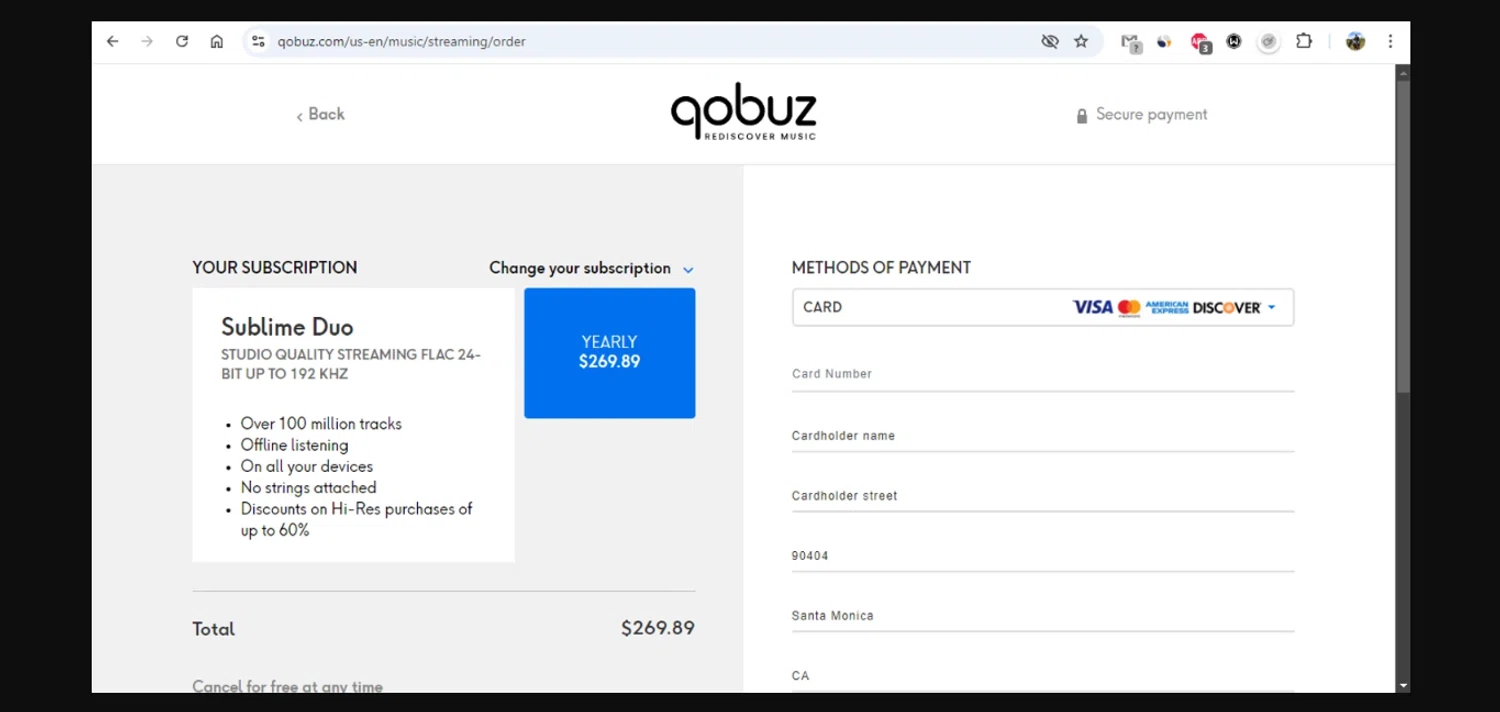 Qobuz promo code screenshot showing code WELCOME10 applied at Qobuz checkout page. Uploaded by SimplyCodes community member gonzalodamole on Feb 15, 2025