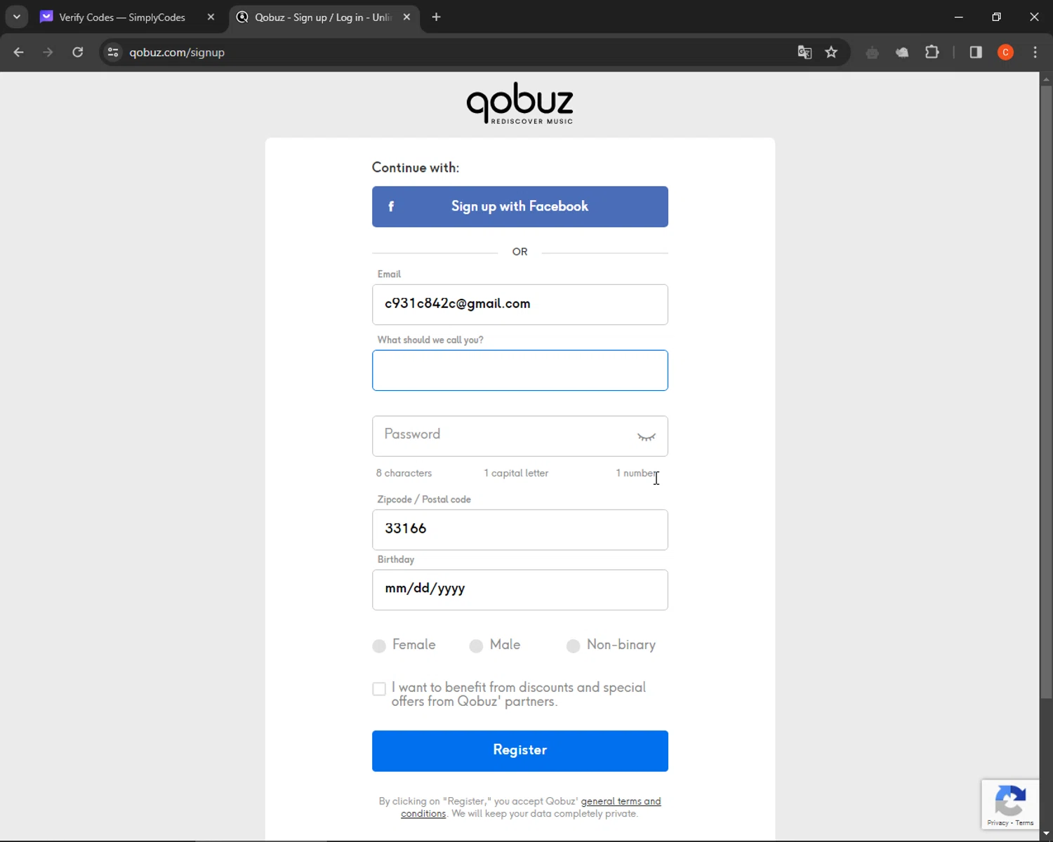 Qobuz checkout page showing Qobuz promo code box | Screenshot taken by SimplyCodes community member on Feb 2, 2024
