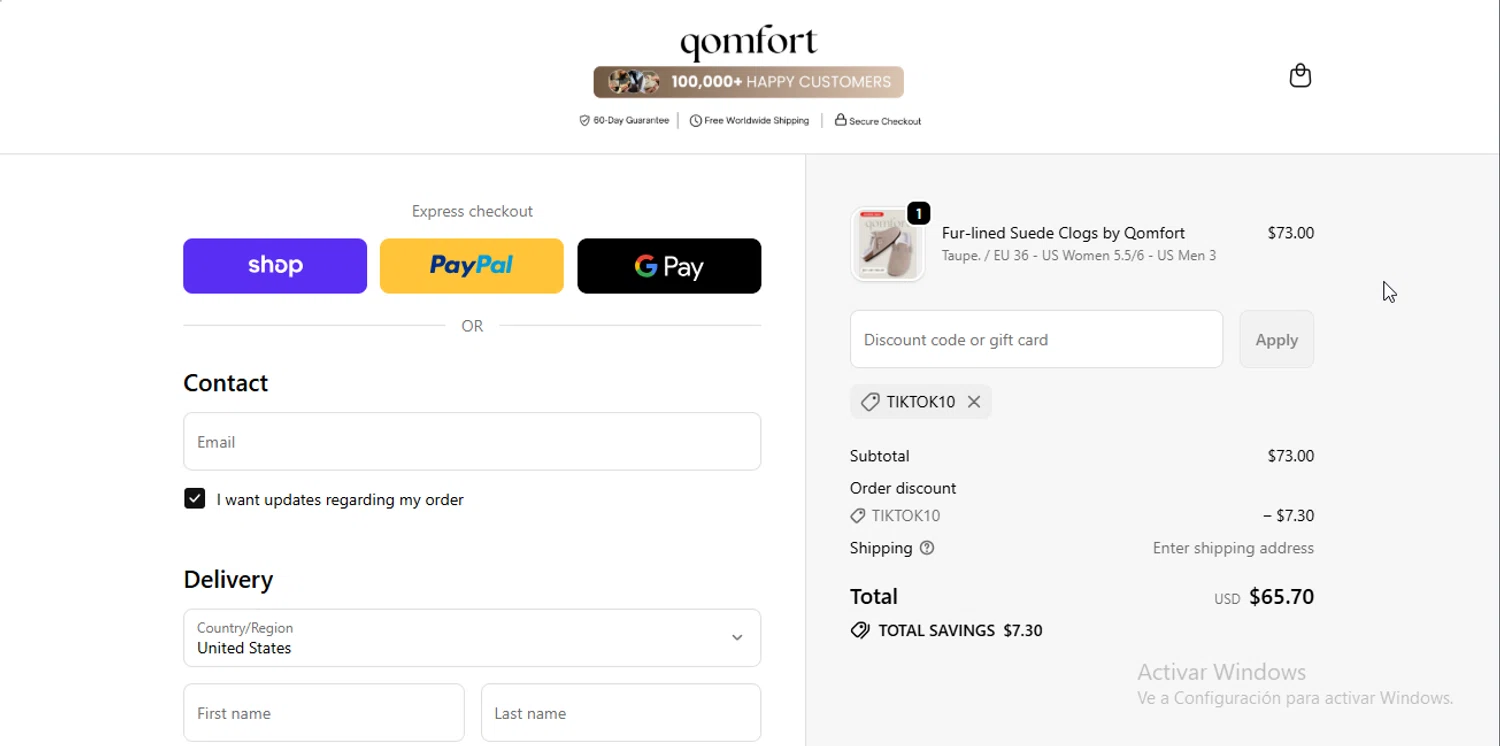 Qomfort discount code screenshot showing code TIKTOK10 applied at Qomfort checkout page. Uploaded by SimplyCodes community member RewardLynx9164 on Dec 8, 2025
