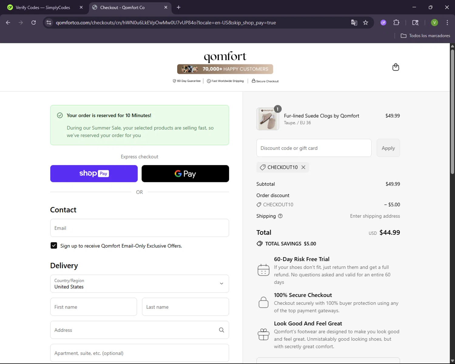 Qomfort discount code screenshot showing code Checkout10 applied at Qomfort checkout page. Uploaded by SimplyCodes community member CleverNavigator1236 on Jul 22, 2025
