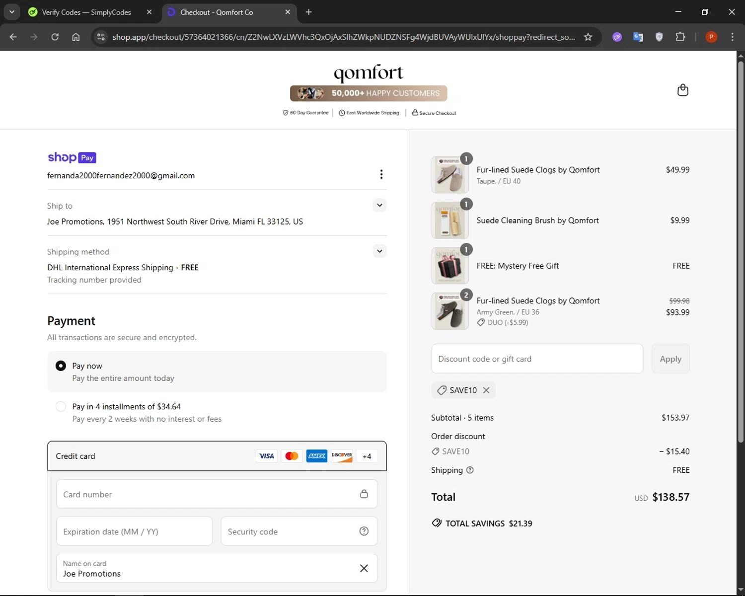 Qomfort discount code screenshot showing code SAVE10 applied at Qomfort checkout page. Uploaded by SimplyCodes community member AuronPlay on Jun 17, 2025