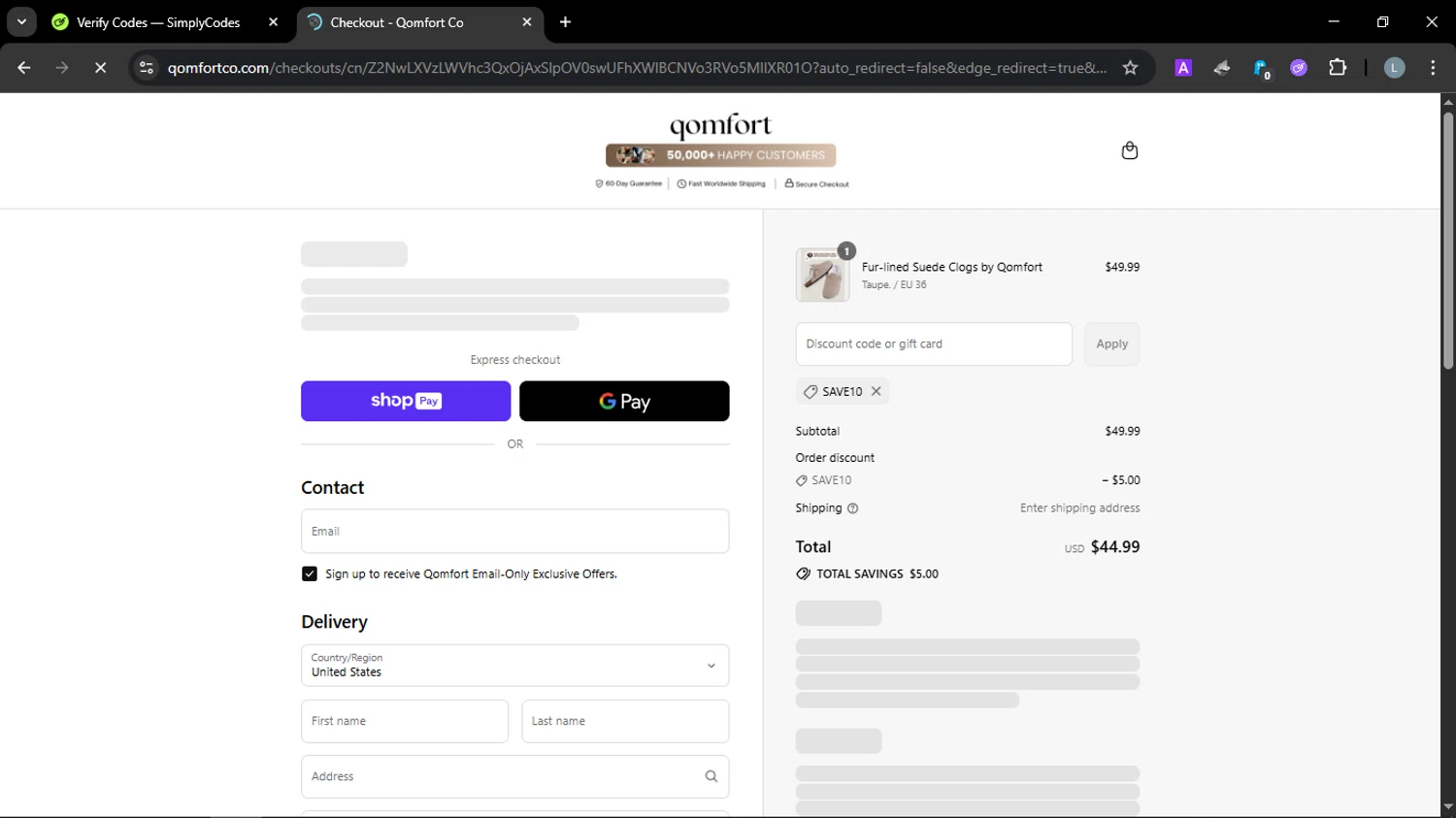 Qomfort discount code screenshot showing code SAVE10 applied at Qomfort checkout page. Uploaded by SimplyCodes community member SmartScholar9589 on Jul 8, 2025
