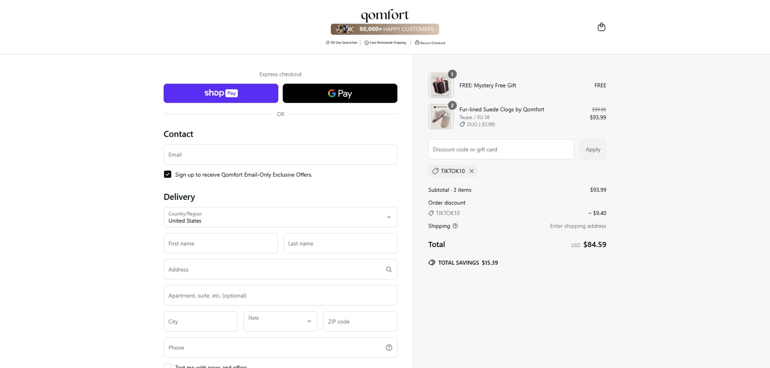 Qomfort discount code screenshot showing code TIKTOK10 applied at Qomfort checkout page. Uploaded by SimplyCodes community member Dorothy on Jun 10, 2025