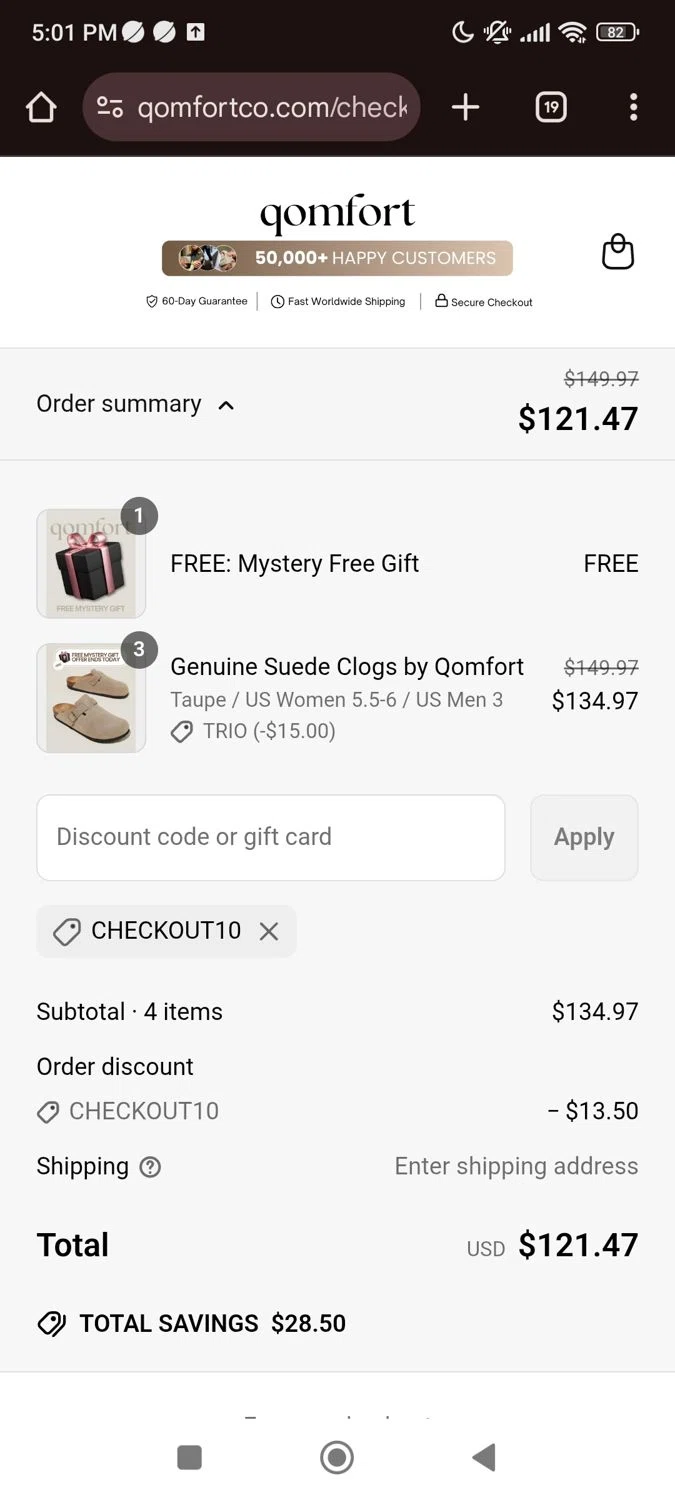 Qomfort discount code screenshot showing code Checkout10 applied at Qomfort checkout page. Uploaded by SimplyCodes community member SaraiVillarroel on Jun 13, 2025