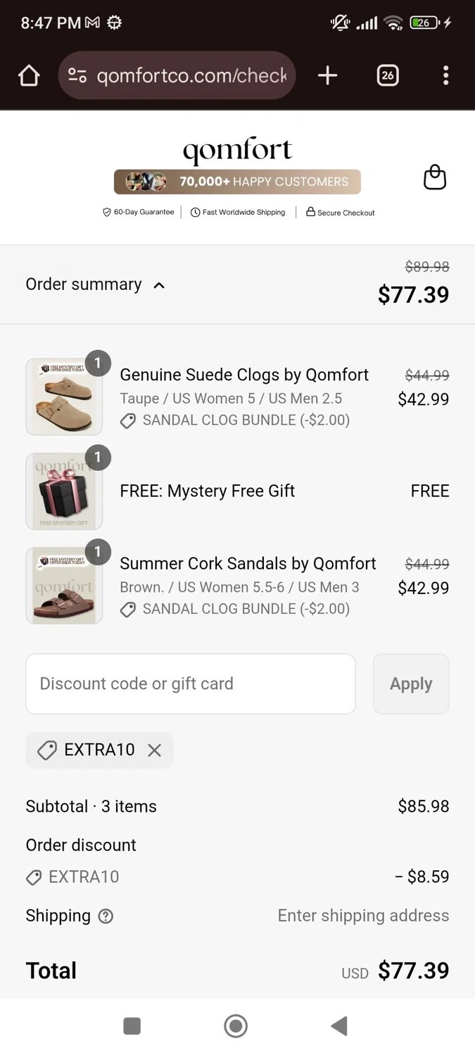 Qomfort discount code screenshot showing code Extra10 applied at Qomfort checkout page. Uploaded by SimplyCodes community member SaraiVillarroel on Aug 9, 2025