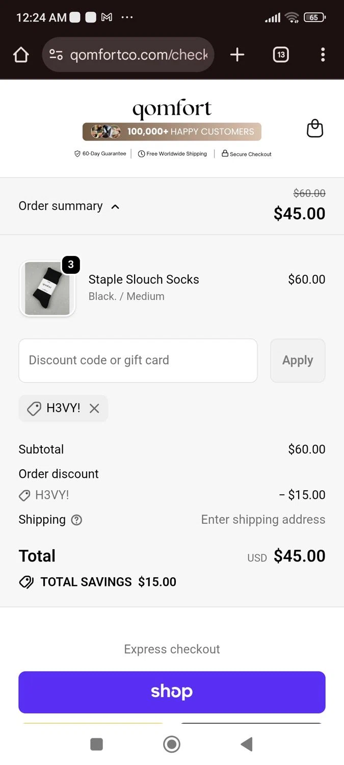 Qomfort discount code screenshot showing code H3vY! applied at Qomfort checkout page. Uploaded by SimplyCodes community member SaraiVillarroel on Dec 27, 2025