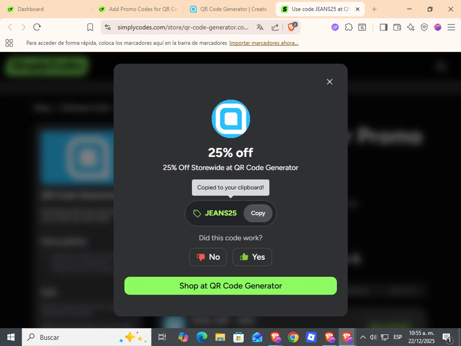 QR Code Generator promo code screenshot showing code JEANS25 applied at QR Code Generator checkout page. Uploaded by SimplyCodes community member ANDREWW on Dec 22, 2025