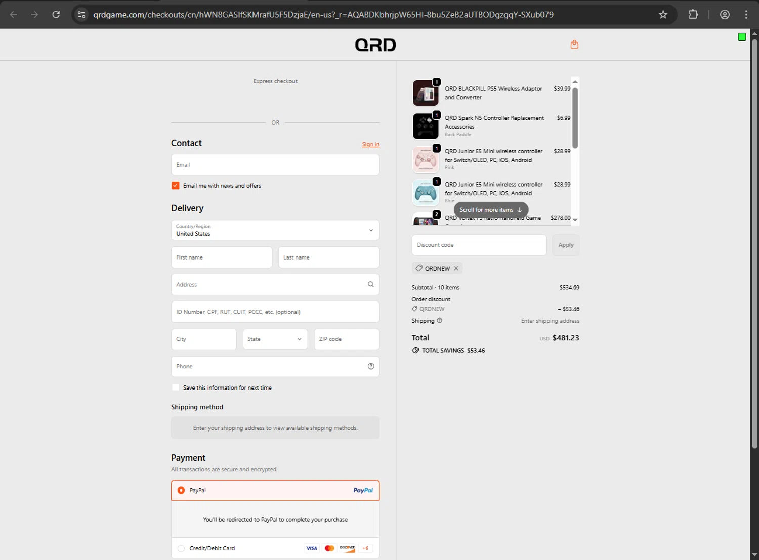 QRD Game promo code screenshot showing code QRDNEW applied at QRD Game checkout page. Uploaded by SimplyCodes community member milennyzarraga on Jan 31, 2026