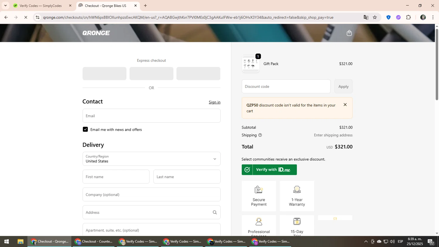 Qronge promo code screenshot showing code QZP50 applied at Qronge checkout page. Uploaded by SimplyCodes community member CleverLynx6871 on Dec 25, 2025