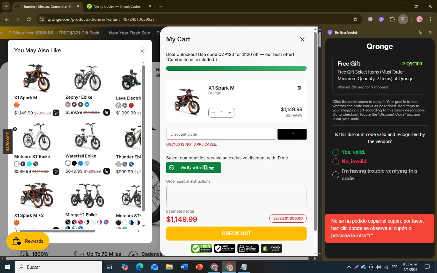 Qronge promo code screenshot showing code QSC100 applied at Qronge checkout page. Uploaded by SimplyCodes community member GleywilmarReyes on Jan 4, 2026