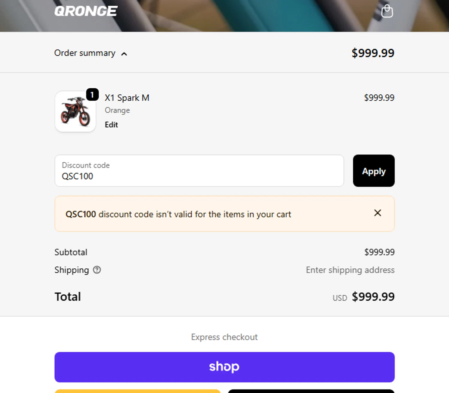 Qronge promo code screenshot showing code QSC100 applied at Qronge checkout page. Uploaded by SimplyCodes community member RewardCurator5232 on Dec 6, 2025