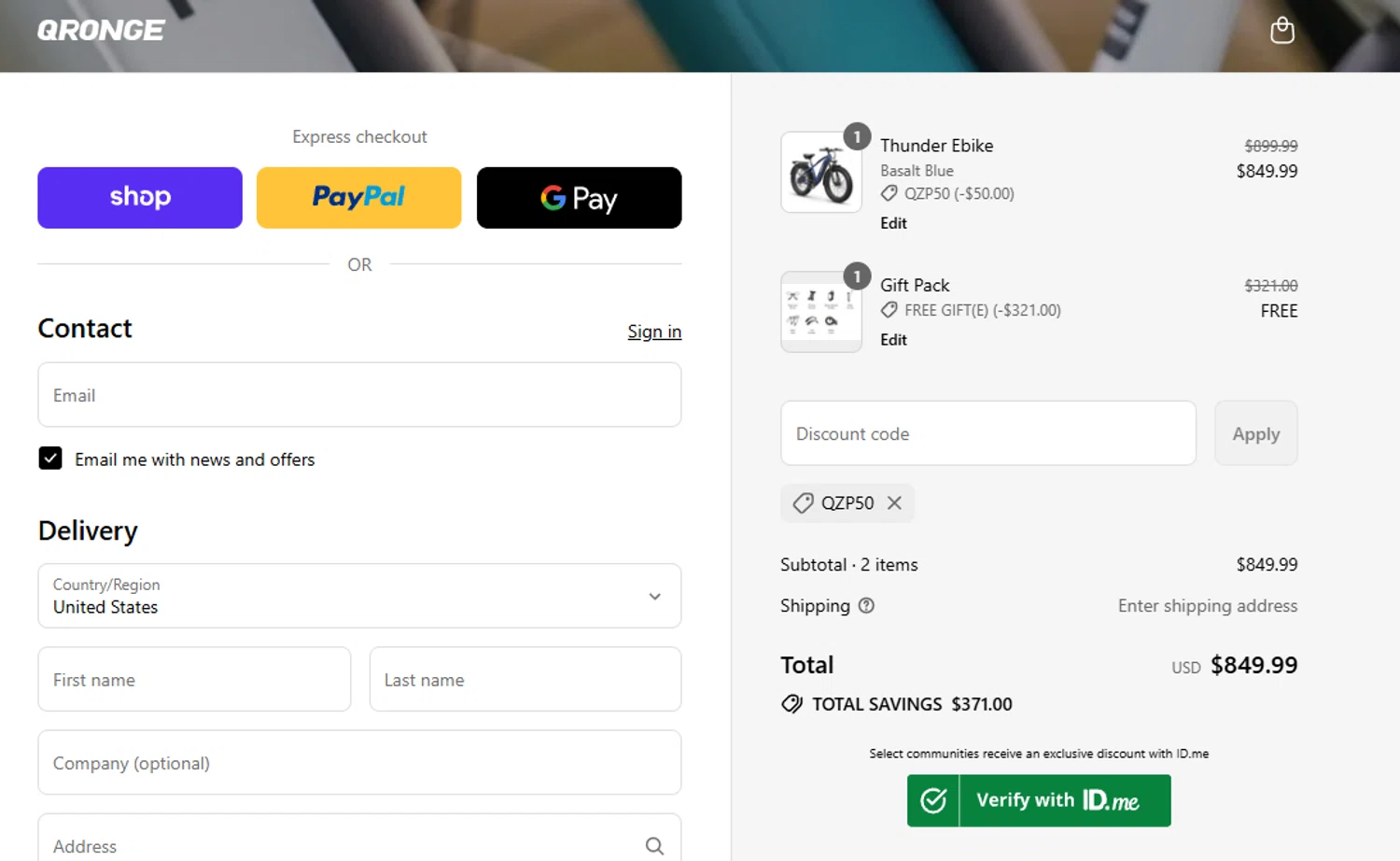 Qronge promo code screenshot showing code QZP50 applied at Qronge checkout page. Uploaded by SimplyCodes community member aumentadax10 on Sep 15, 2025