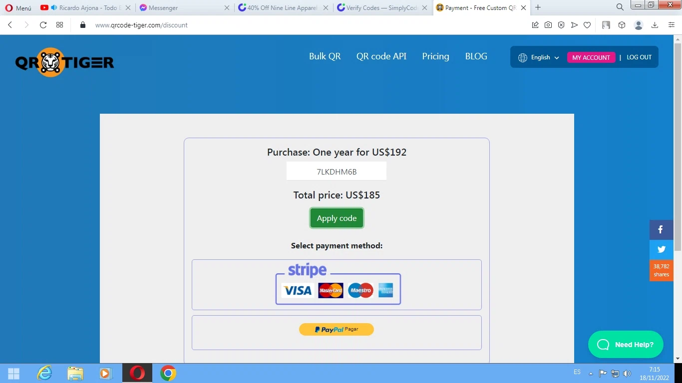 QRTIGER checkout page showing QRTIGER promo code box | Screenshot taken by SimplyCodes community member on Nov 18, 2022