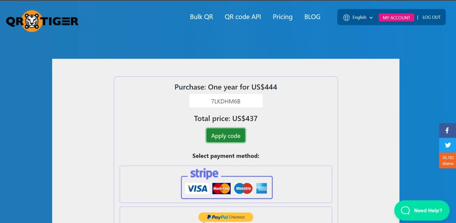 QRTIGER checkout page showing QRTIGER promo code box | Screenshot taken by SimplyCodes community member on Nov 18, 2022