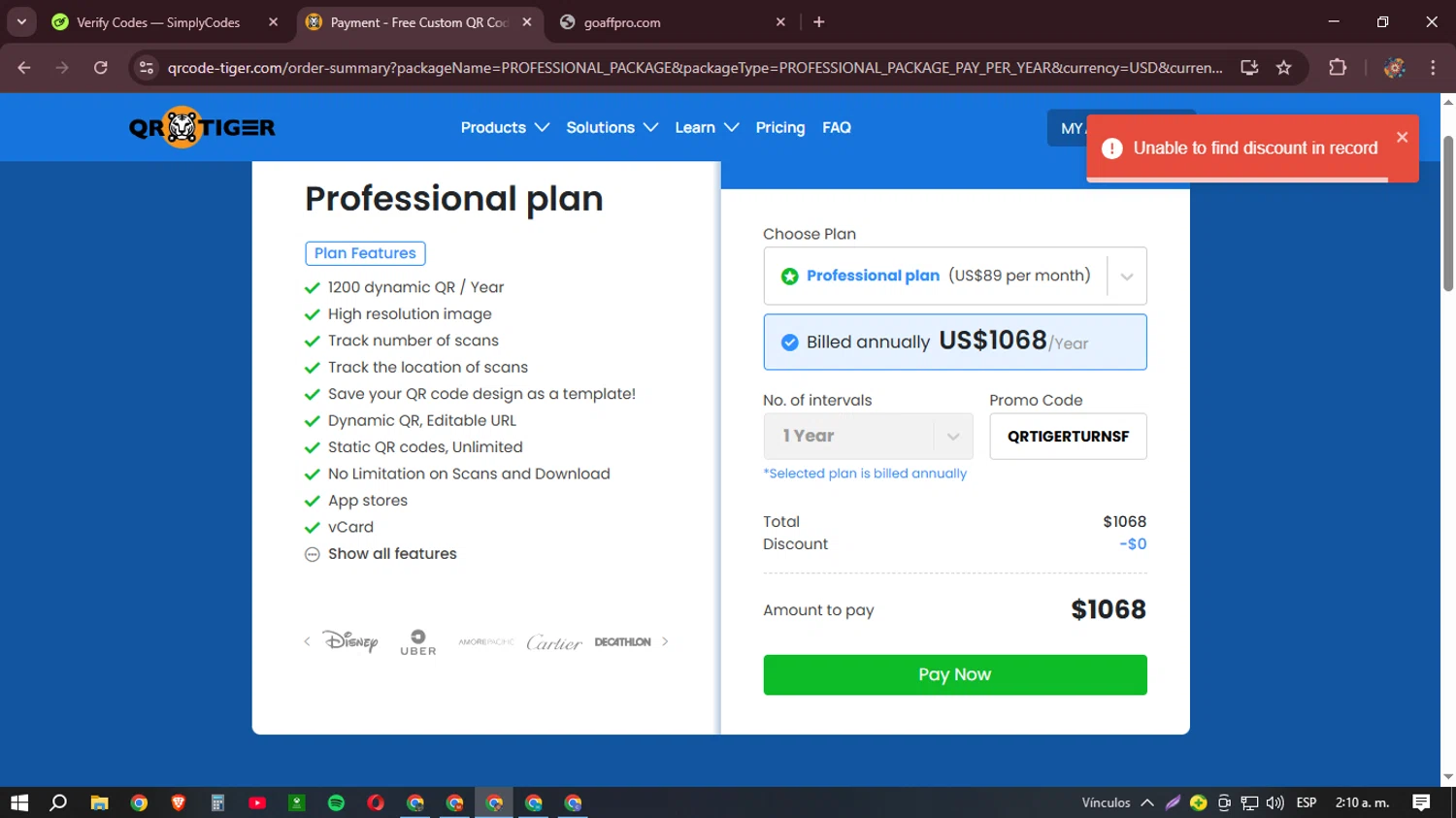 QRTIGER promo code screenshot showing code QRTIGERTURNSFIVE applied at QRTIGER checkout page. Uploaded by SimplyCodes community member BudgetHunter9184 on Mar 7, 2025
