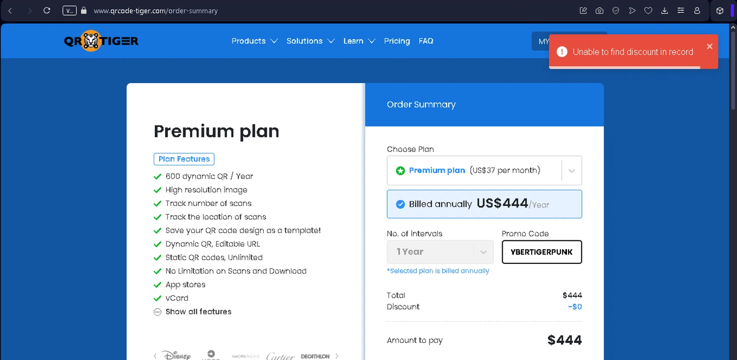 QRTIGER promo code screenshot showing code CYBERTIGERPUNK applied at QRTIGER checkout page. Uploaded by SimplyCodes community member NobleSentinel8535 on Feb 25, 2025