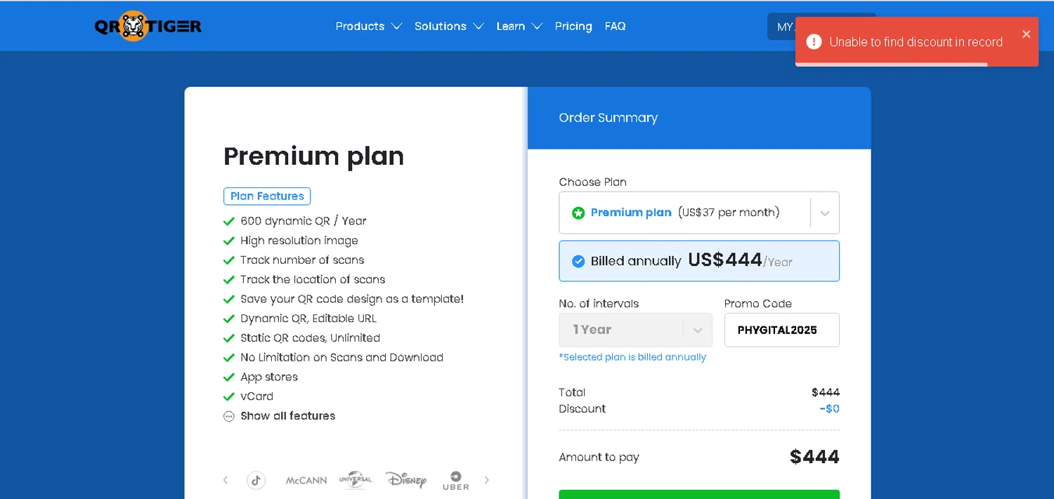 QRTIGER promo code screenshot showing code PHYGITAL2025 applied at QRTIGER checkout page. Uploaded by SimplyCodes community member MoneyHunter5624 on Mar 19, 2025