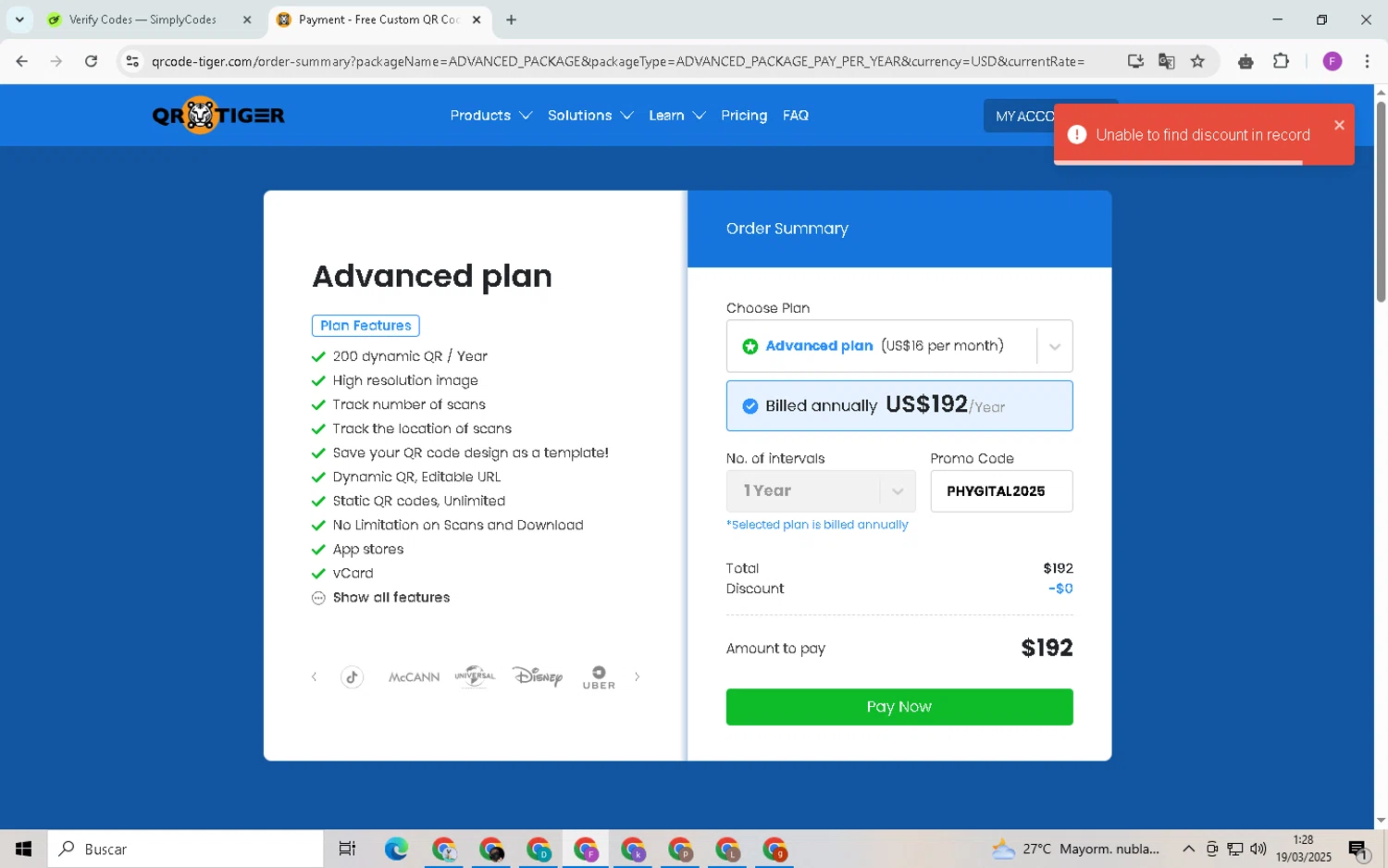 QRTIGER promo code screenshot showing code PHYGITAL2025 applied at QRTIGER checkout page. Uploaded by SimplyCodes community member CleverSpotter6431 on Mar 19, 2025
