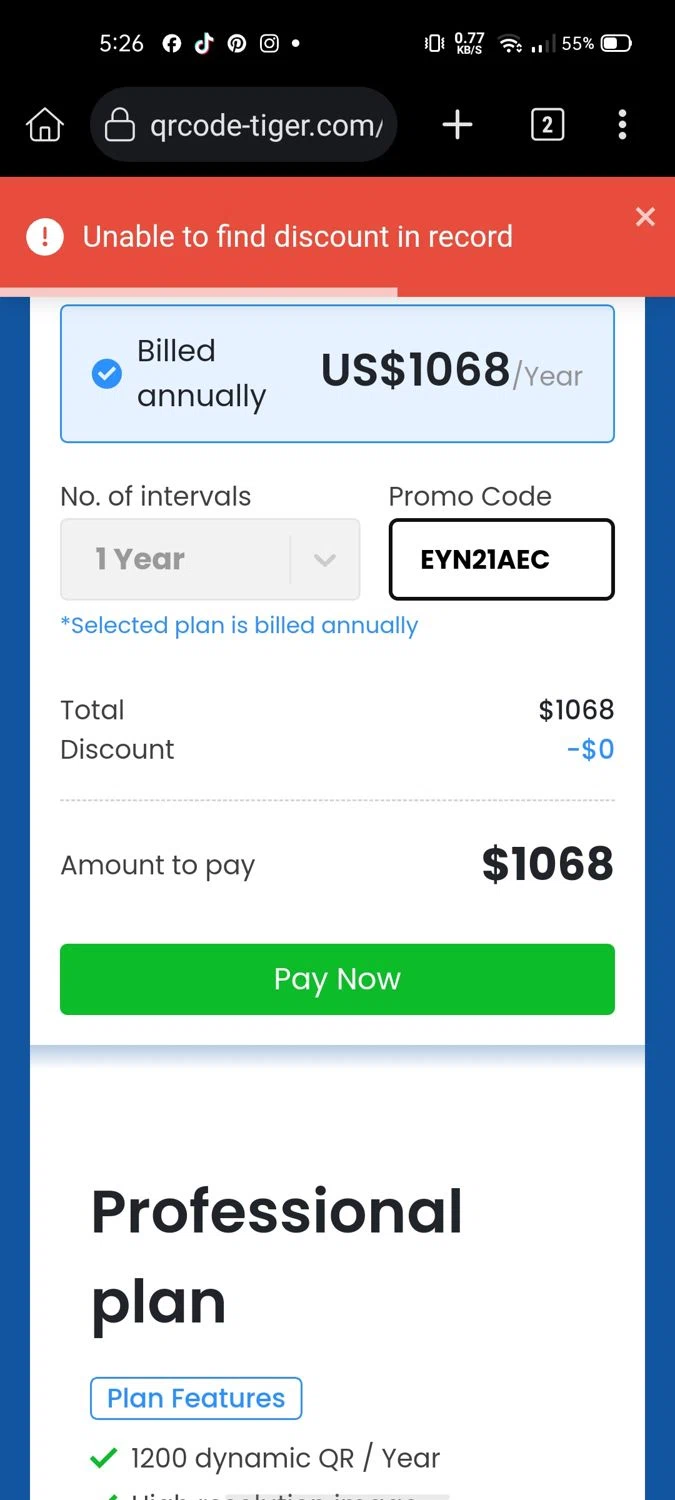 QRTIGER promo code screenshot showing code EYN21AEC applied at QRTIGER checkout page. Uploaded by SimplyCodes community member Wonderwoman82 on Mar 13, 2025
