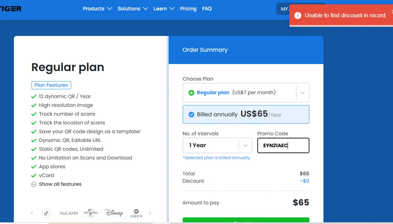 QRTIGER promo code screenshot showing code EYN21AEC applied at QRTIGER checkout page. Uploaded by SimplyCodes community member MoneyFalcon5538 on Mar 13, 2025