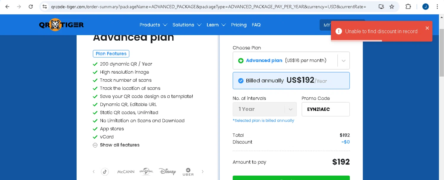 QRTIGER promo code screenshot showing code EYN21AEC applied at QRTIGER checkout page. Uploaded by SimplyCodes community member josecaraballo1 on Mar 13, 2025