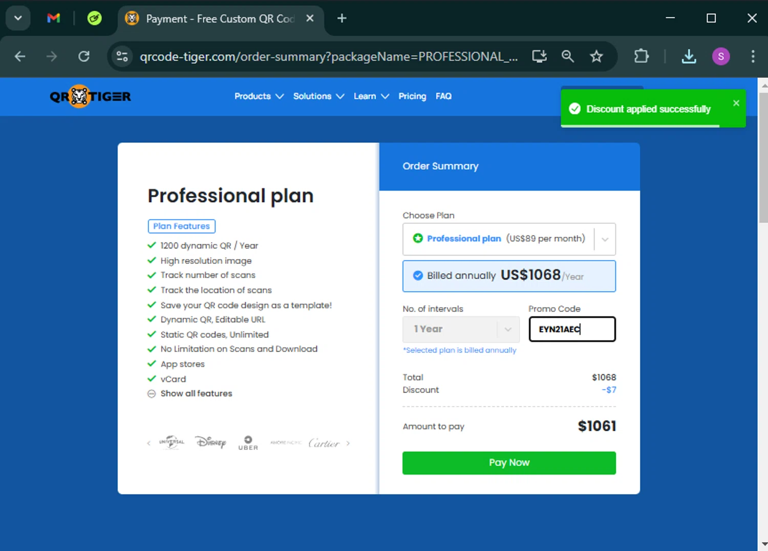 QRTIGER checkout page showing QRTIGER promo code box | Screenshot taken by SimplyCodes community member on Mar 6, 2025