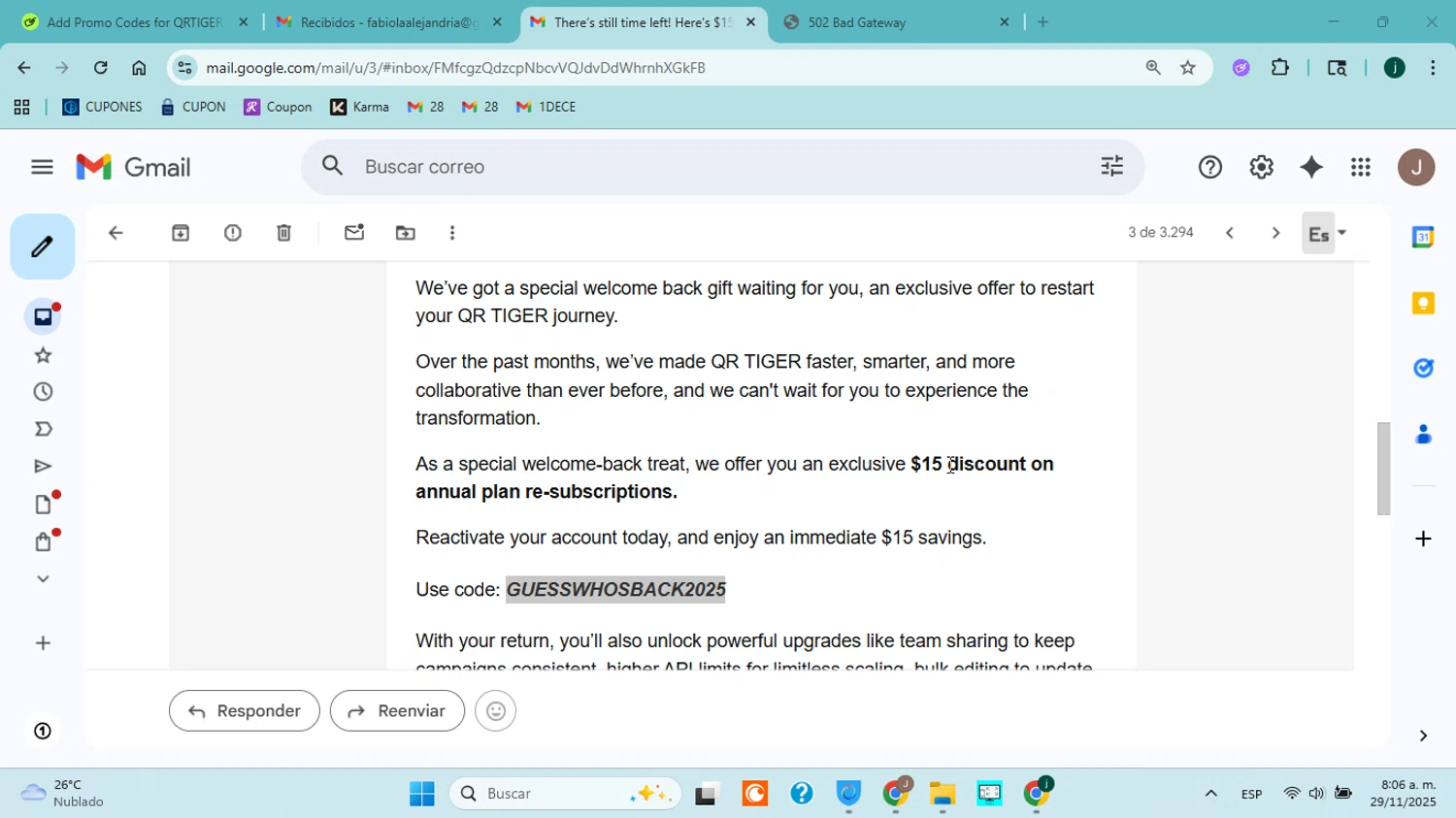 QRTIGER promo code screenshot showing code GUESSWHOSBACK2025 applied at QRTIGER checkout page. Uploaded by SimplyCodes community member jorgejavierherrera on Nov 29, 2025