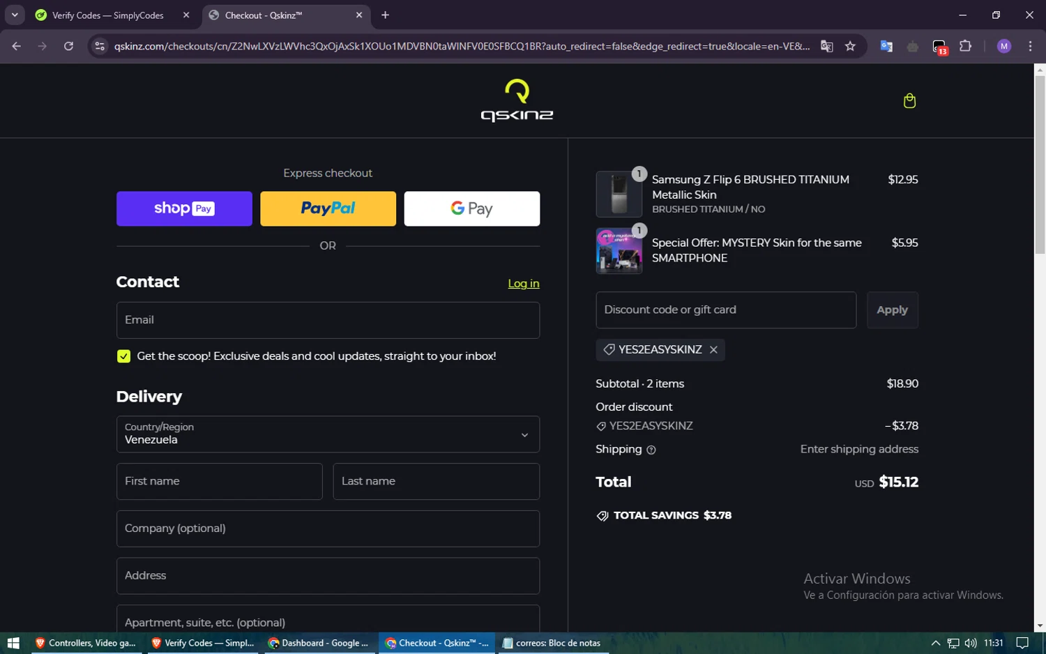 Qskinz discount code screenshot showing code YES2EASYSKINZ applied at Qskinz checkout page. Uploaded by SimplyCodes community member usuario500 on Feb 24, 2025