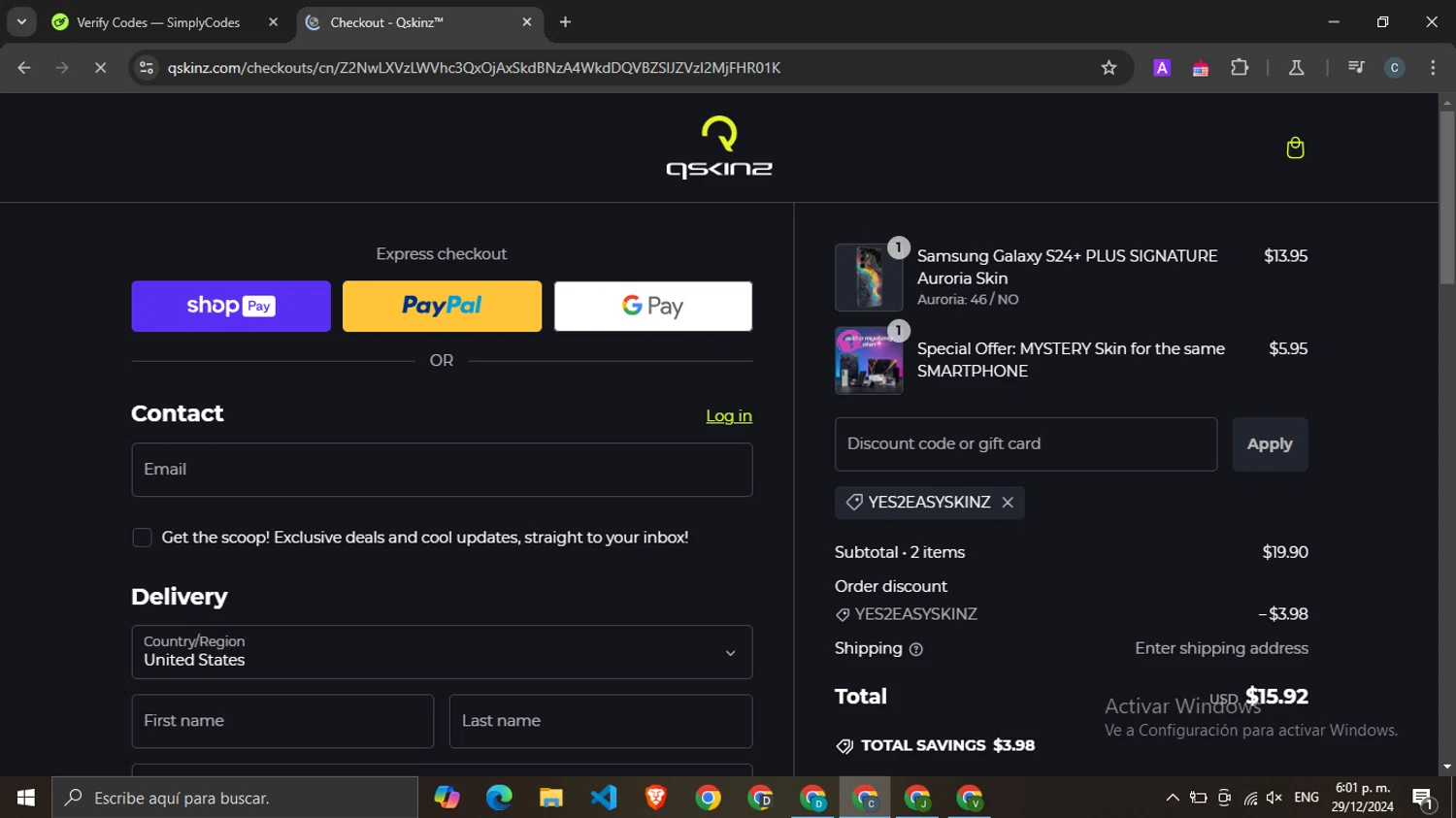 Qskinz discount code screenshot showing code YES2EASYSKINZ applied at Qskinz checkout page. Uploaded by SimplyCodes community member SwiftTracker9305 on Dec 29, 2024