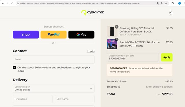 Qskinz checkout page showing Qskinz discount code box | Screenshot taken by SimplyCodes community member on Sep 3, 2025