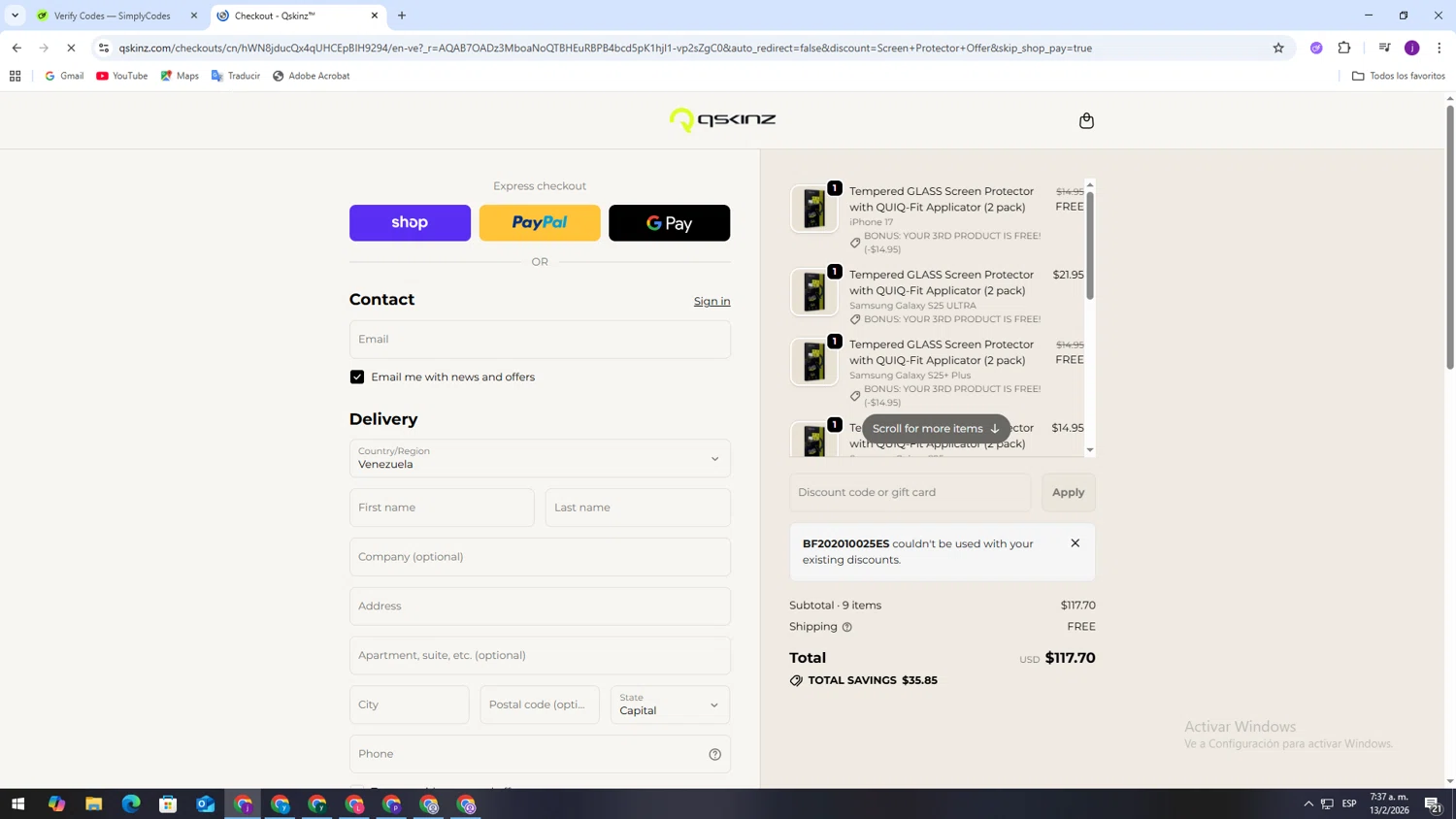 Qskinz discount code screenshot showing code BF202010025ES applied at Qskinz checkout page. Uploaded by SimplyCodes community member CodeLynx5272 on Feb 13, 2026